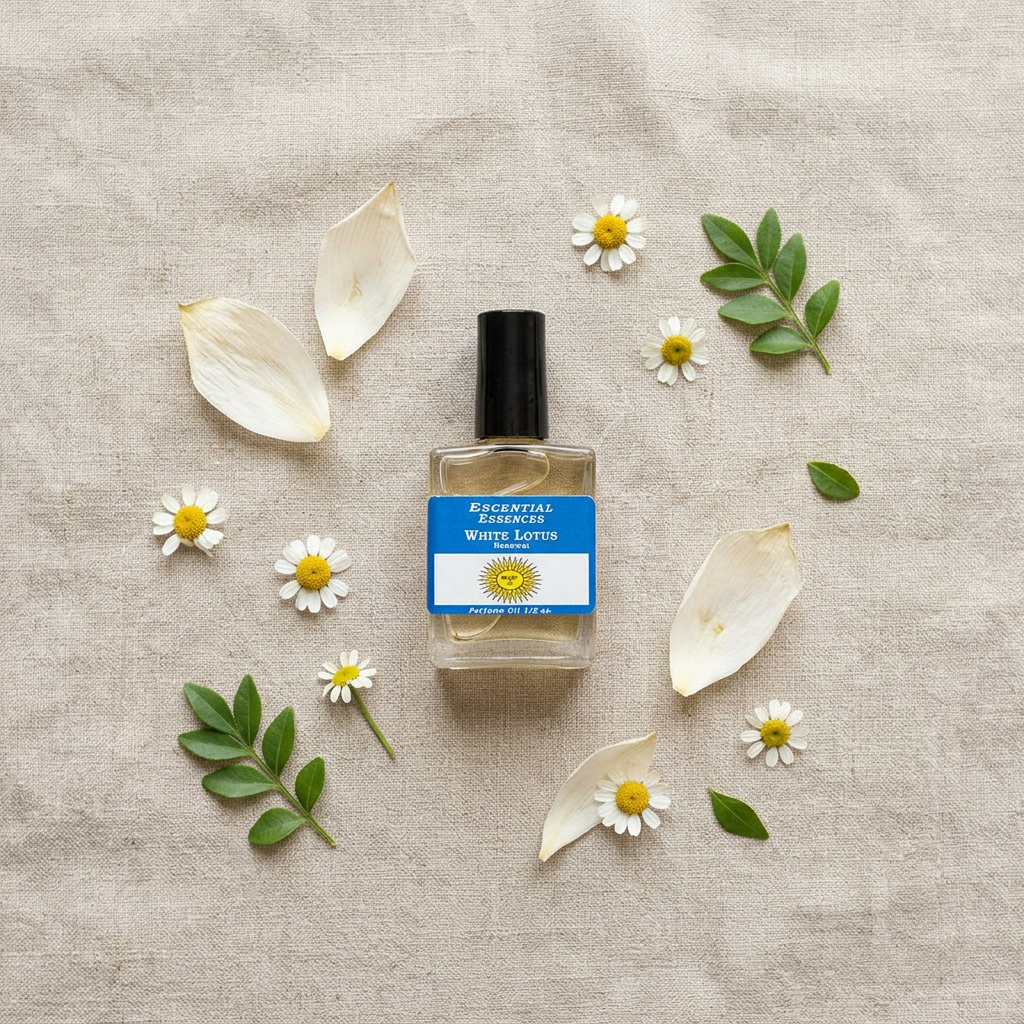 Top-down view of White Lotus Essential Essences Oil bottle on linen with white flowers and green leaves, showcasing purity and organic aesthetic.