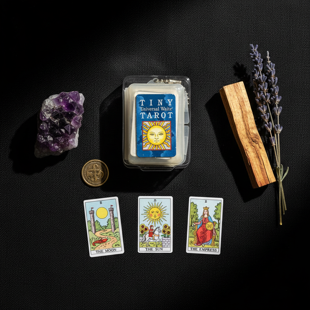 Flat lay with Moon Sun Empress cards and ritual objects
