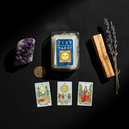 Flat lay with Moon Sun Empress cards and ritual objects