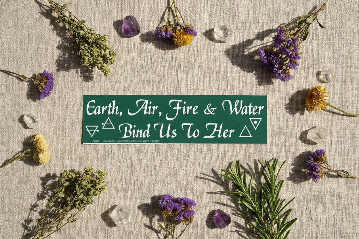 Earth, Air, Fire & Water Bind Us To Her bumper sticker, alternate view