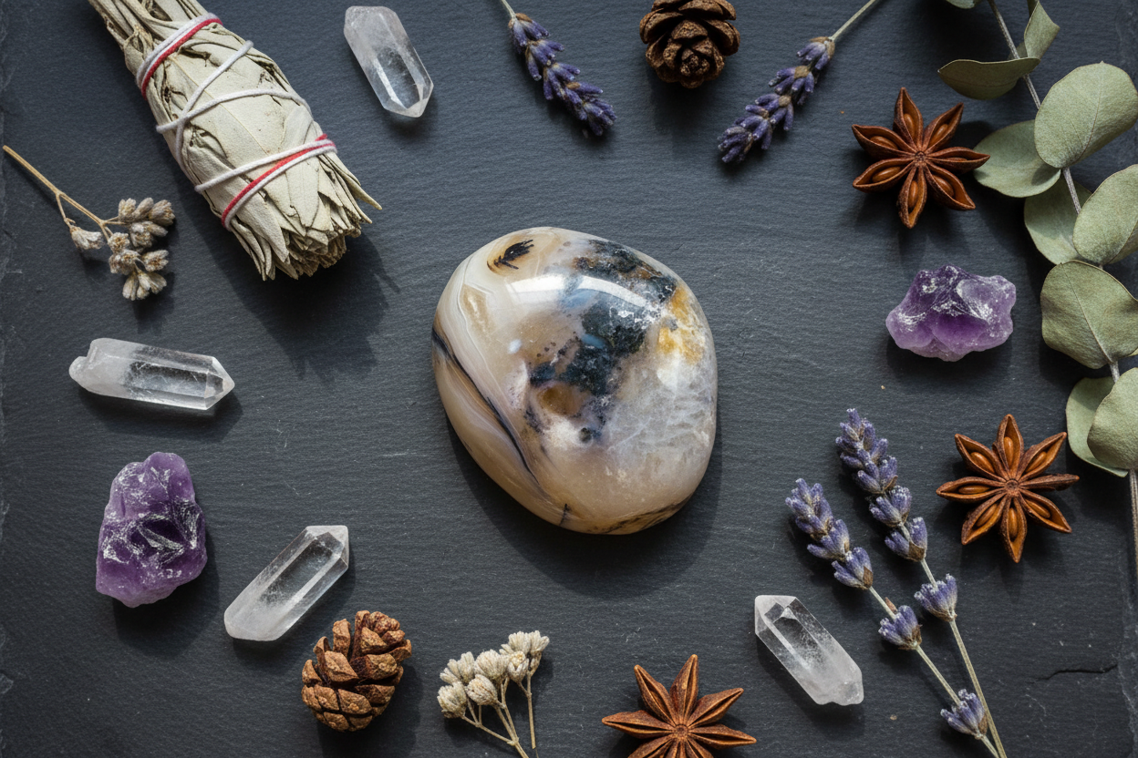 Dendritic Agate Palm Stone, shown in use