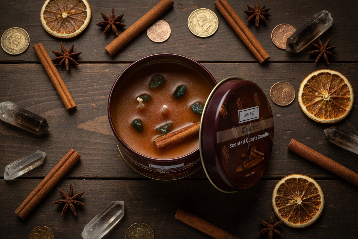 Canela (Cinnamon) quartz tin candle, alternate view