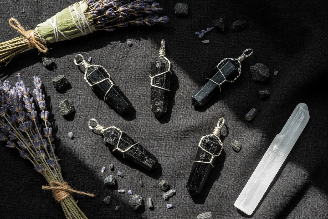 Black Tourmaline Wire Wrapped Pendant, Set of 5, detail view