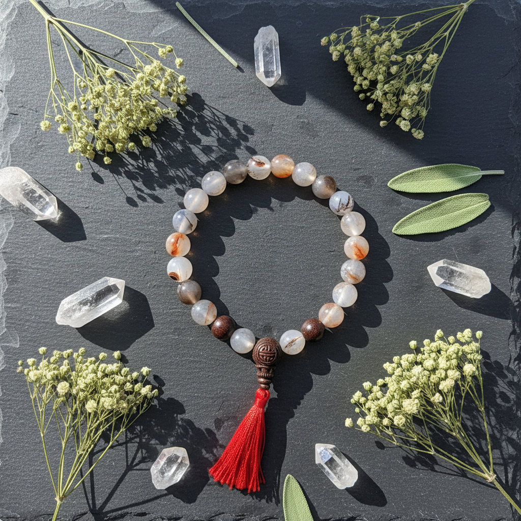 Dendritic Agate Tassel Bracelet, 8mm, alternate view
