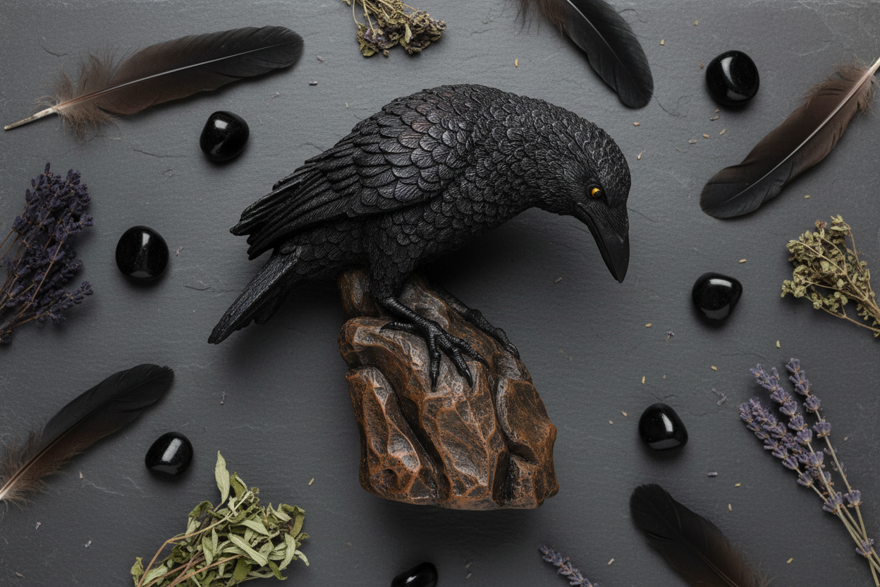 Downward Looking Raven Statue, 5 1/2 Inch, shown in use
