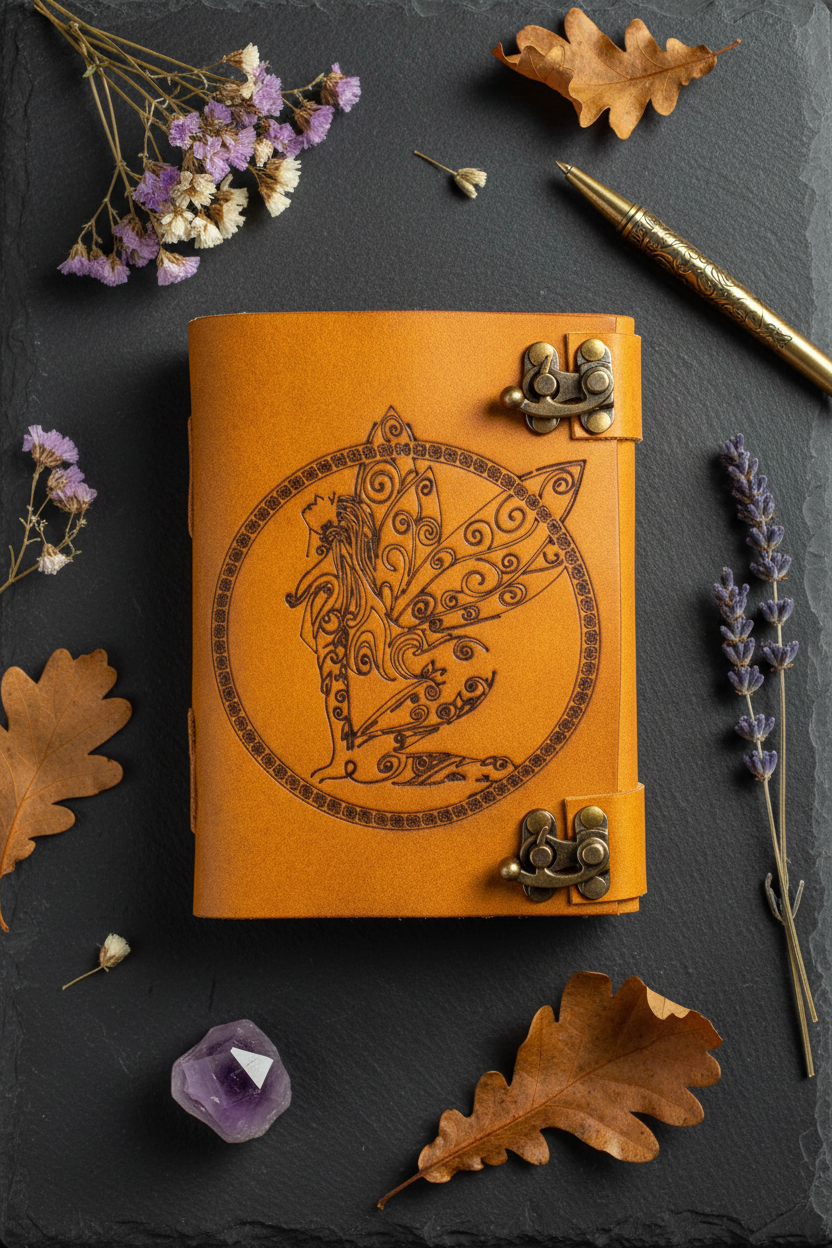 Fairy Leather Journal with Double Latch, 4.5 x 6.5 Inch, detail view