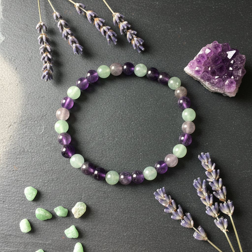 Fluorite, Amethyst and Green Aventurine Bracelet, 6mm, alternate view