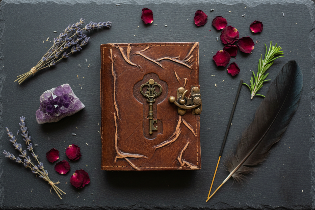 Embossed Key Leather Journal with Latch, alternate view