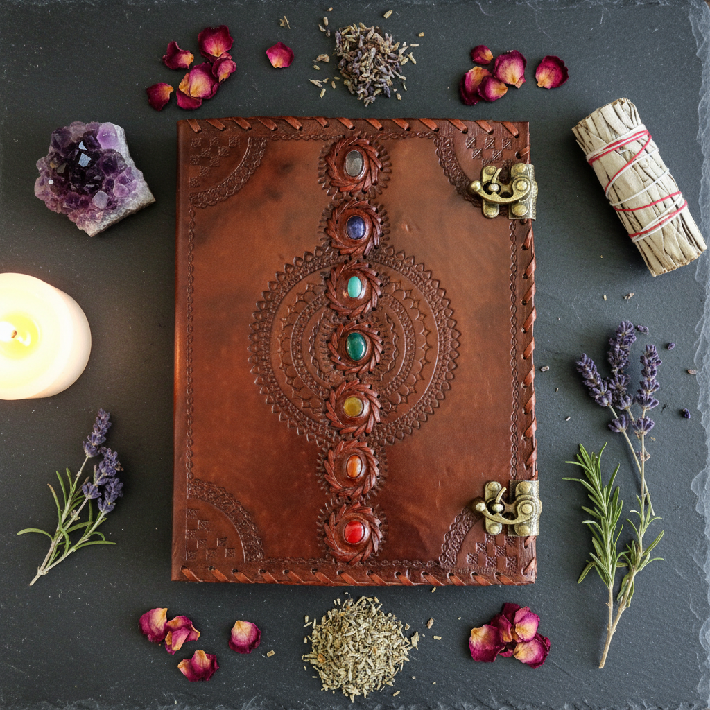 Chakra Stones Leather Journal with Latch, 10" x 13", detail view