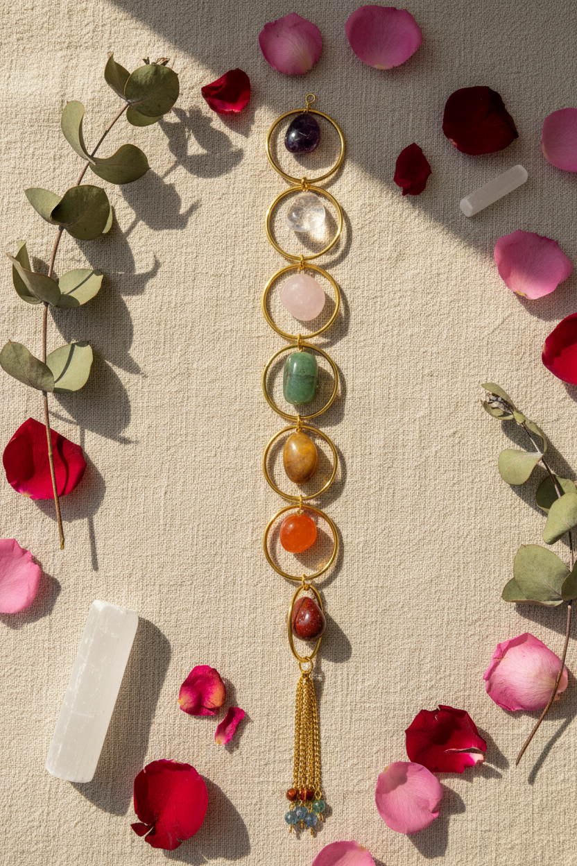 Gemstone 7 Chakra wall hanging, detail view