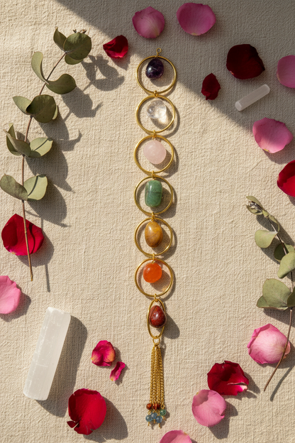 Gemstone 7 Chakra wall hanging, detail view