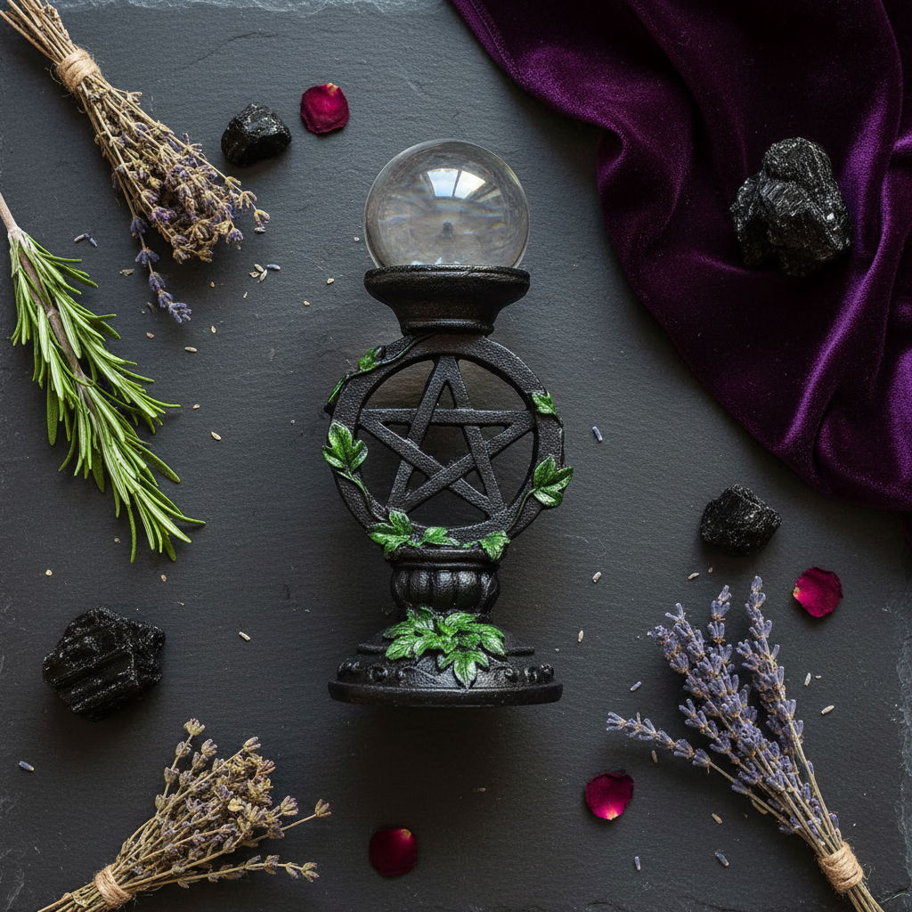 Clear Gazing Ball with Pentagram Stand, 50mm, 7 Inch Tall, view 6