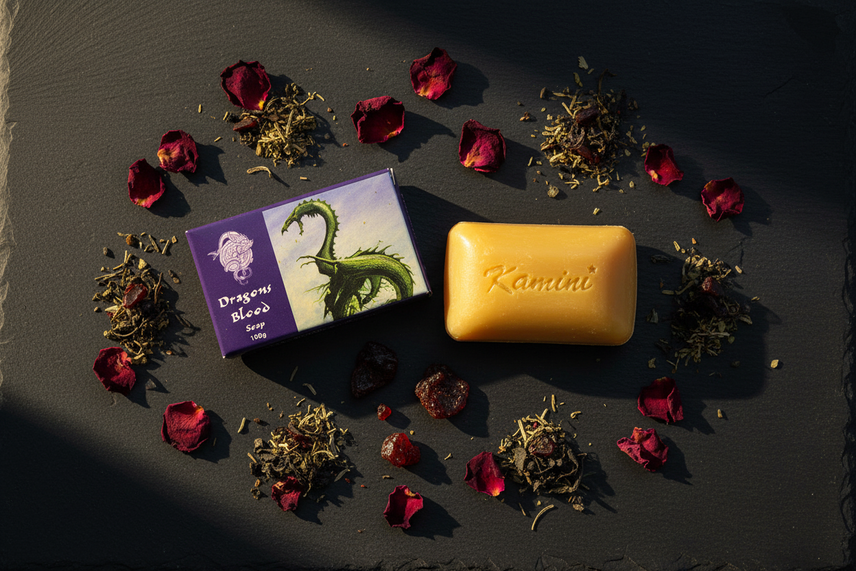 Dragon's Blood Soap by Kamini, 100g, shown in use
