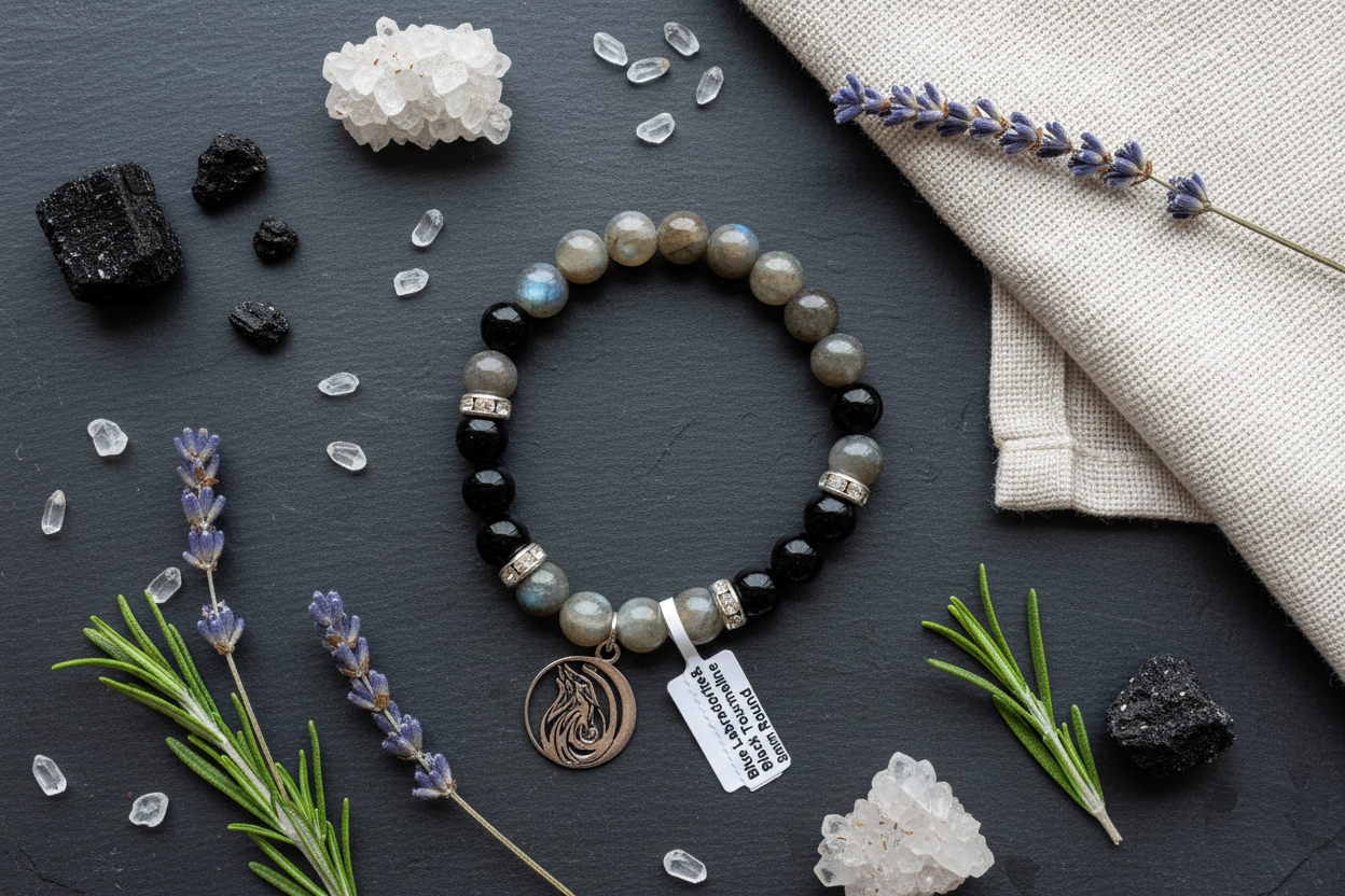 Blue Labradorite and Black Tourmaline Bracelet, 8mm, alternate view