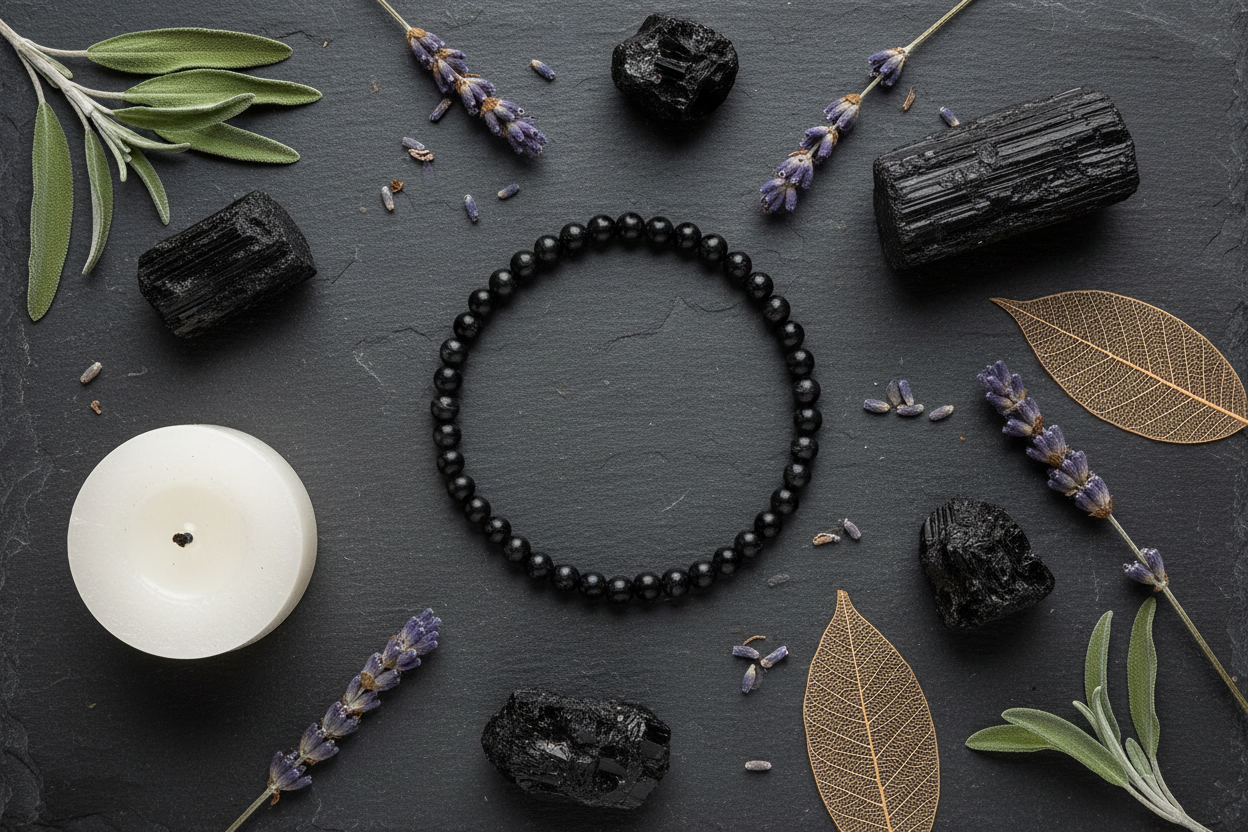 Black Tourmaline Stretch Bracelet, 4mm, detail view