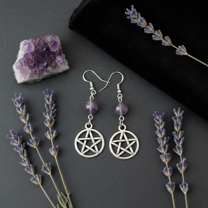 Fluorite Pentagram Earrings, detail view
