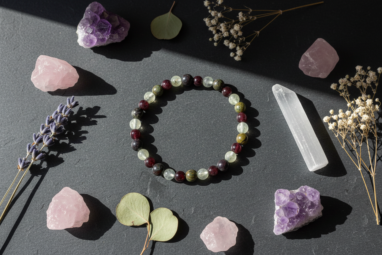 Dragon Blood Jasper, Garnet and Prehnite Bracelet, 6mm, alternate view