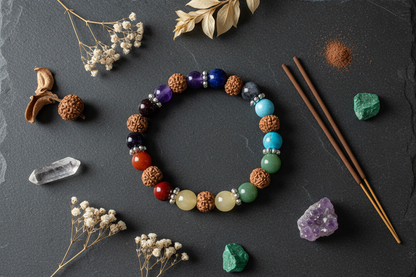 Chakra and Rudraksha Bracelet, 8mm, detail view