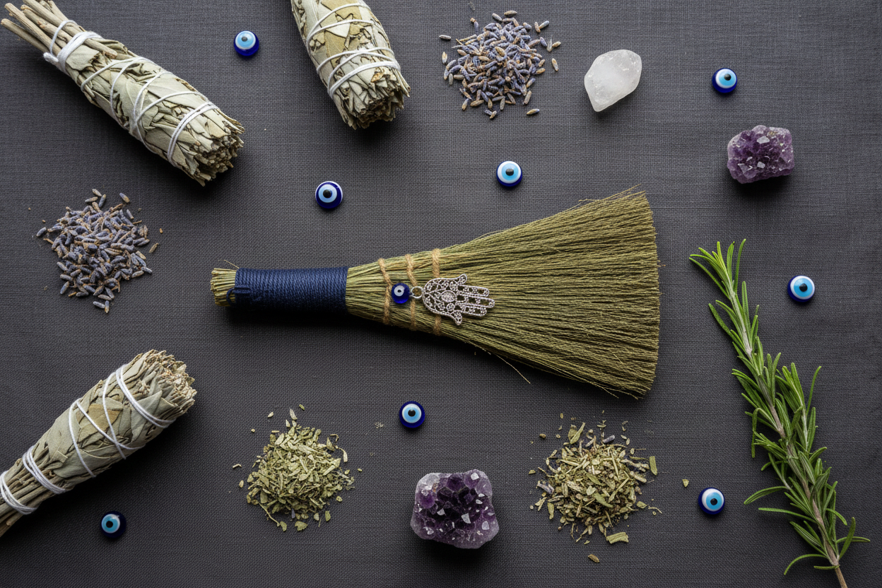 Evil Eye and Fatima Hand Broom, 9 Inch, alternate view