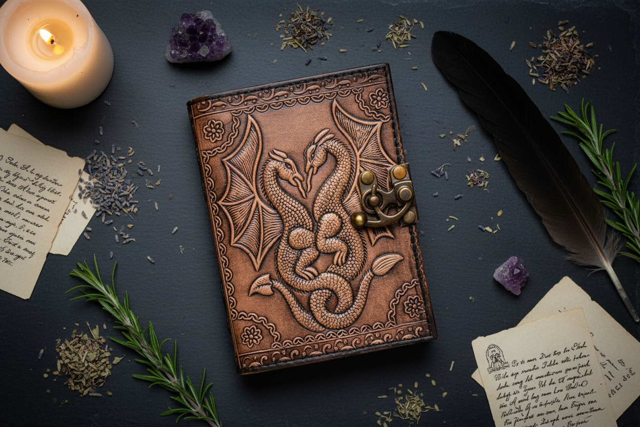 Double Dragon Leather Journal with Latch, alternate view