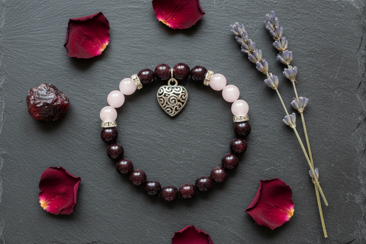 Garnet Rose Quartz Heart Bracelet, 8mm, detail view