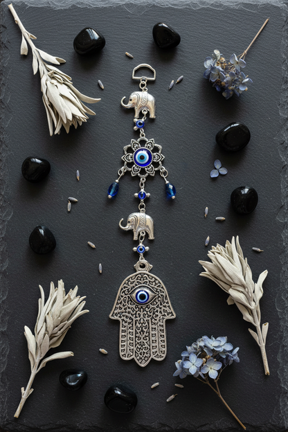 Evil Eye with Hamsa Hand and Elephants, 10 Inches, detail view