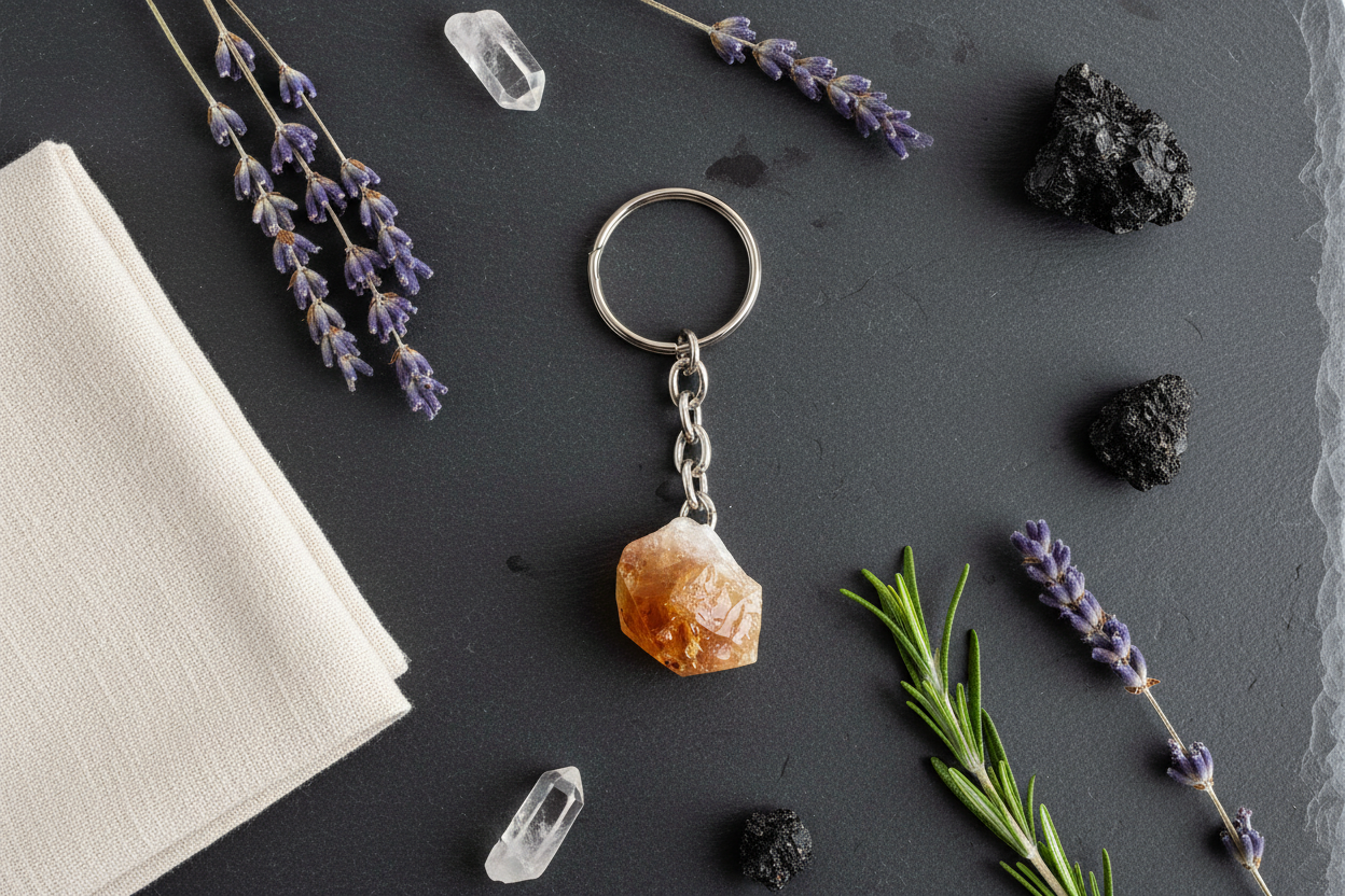 Citrine keychain, shown in use