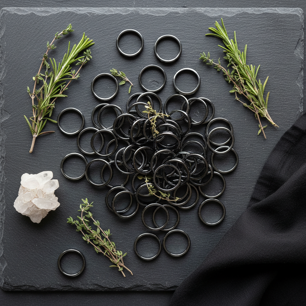 Flat Hematite Rings. bulk set, 100 Rings, alternate view