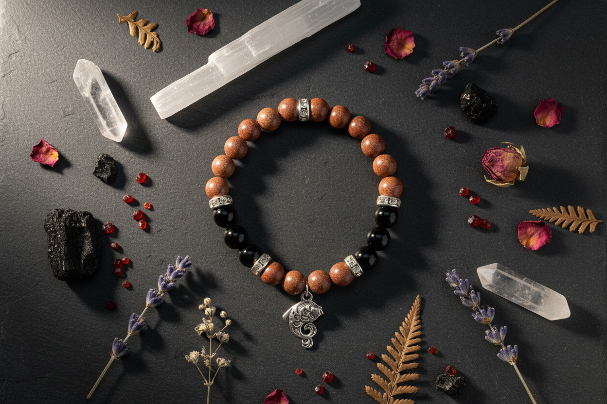 Gold Sandstone, Black Agate, Fish Bracelet, 8mm, additional view