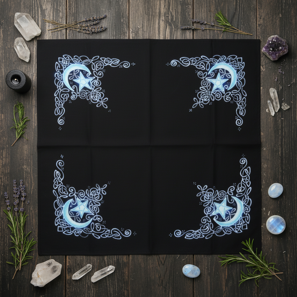 Celtic Moon Altar Cloth or Scarf, 36 x 36 Inches, shown in use