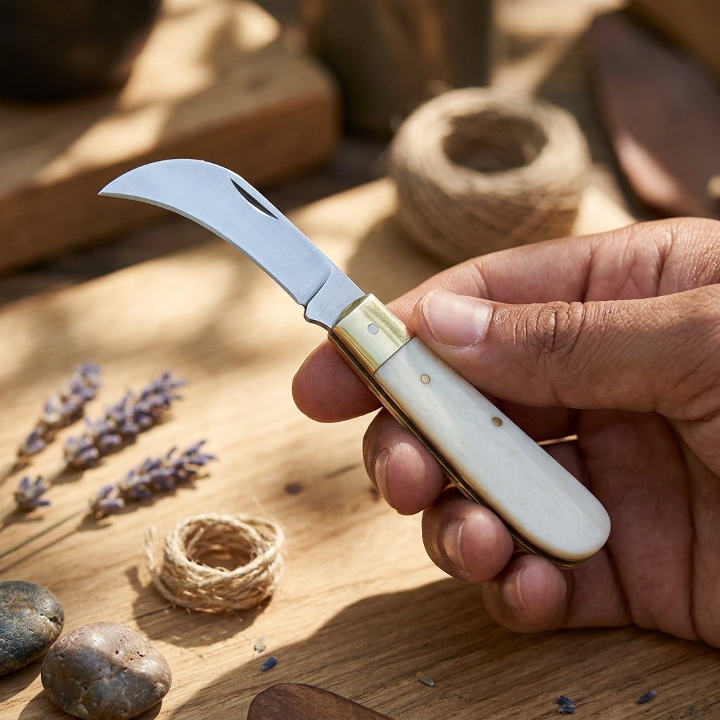 Close-up of folding boline with white bone handle, brass accents, on wooden altar surface, showcasing craftsmanship.