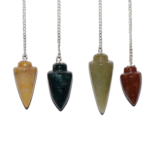 Four pendulums on white with chains extending out of frame and no beads