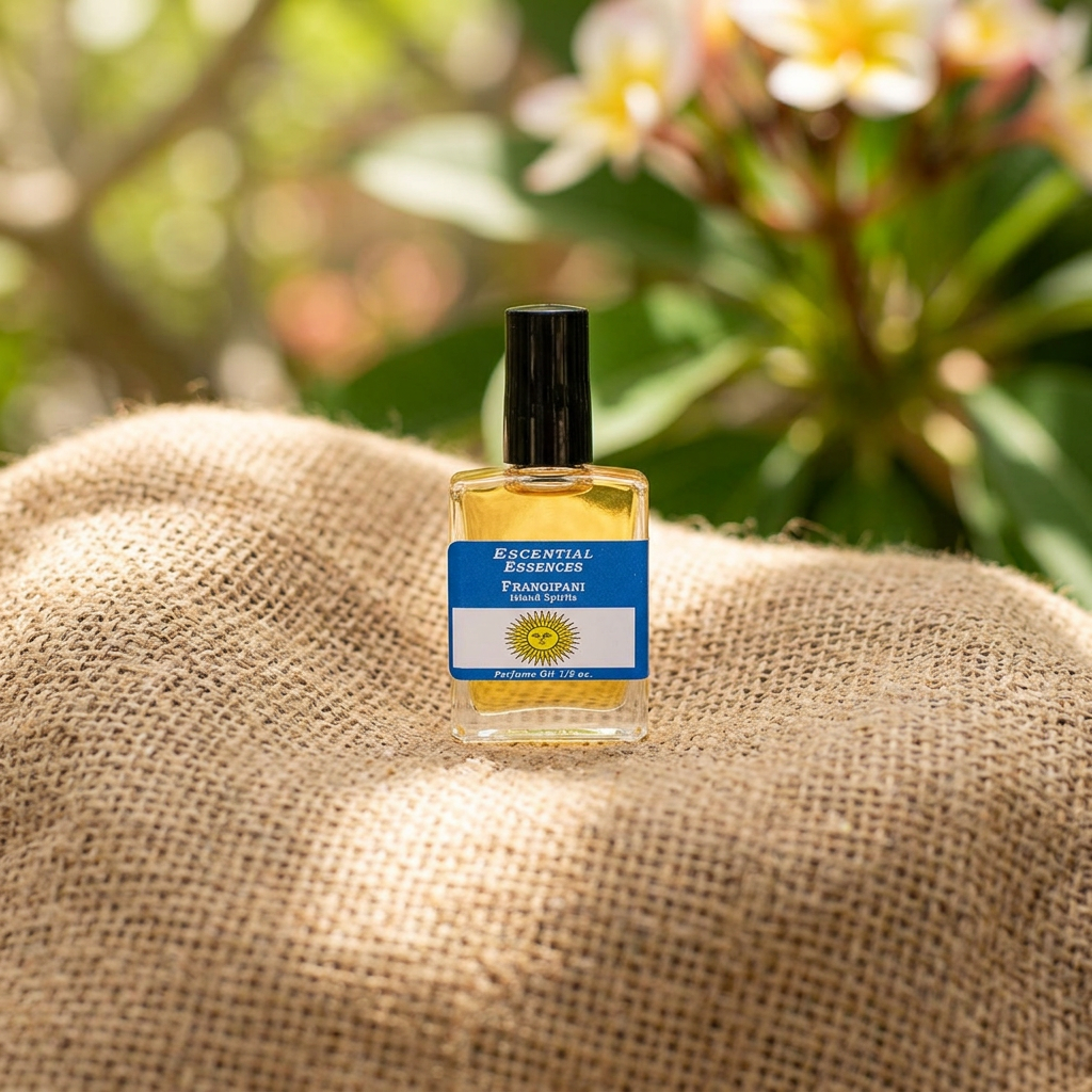 Artistic scene of Frangipani Perfume Oil bottle on burlap cloth with blurred natural greenery and sunlight.