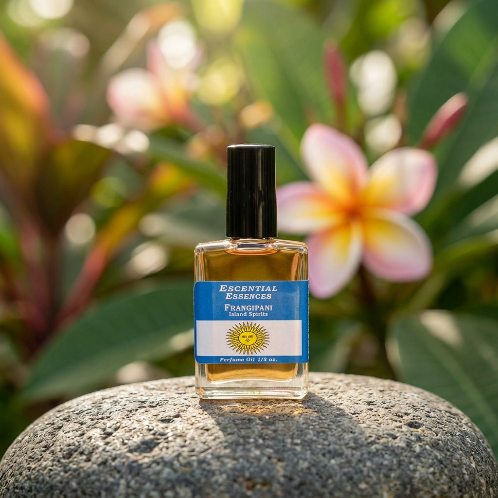 Full-body view of small Frangipani Perfume Oil bottle on stone tray with tropical greenery in soft natural light.