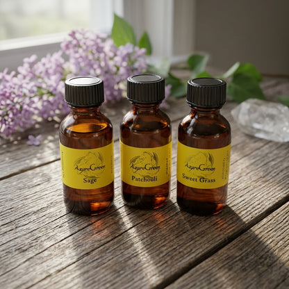 Tiny French Lilac Fragrance Oil bottle on rustic wood with lilac flowers and green leaves, highlighting its cleansing and protective qualities.