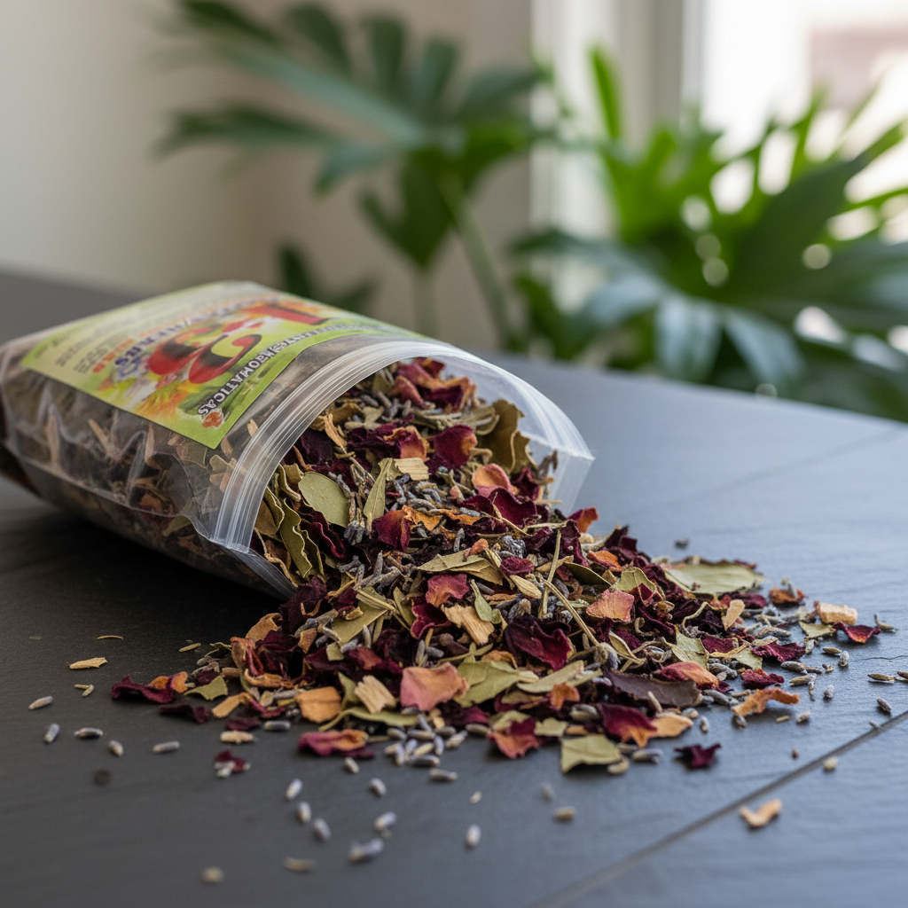 You will be generating high-quality product photos for an online stores product page. The product images should closely match the original products.
      Here is the prompt (IMPORTANT!): """A detailed close-up of the 13 Herbs Aromatic Bath Herb package, p