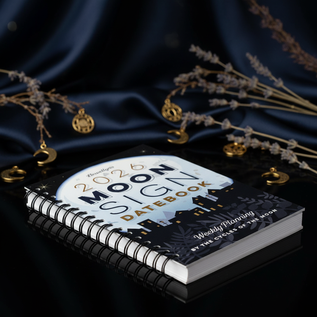You will be generating high-quality product photos for an online stores product page. The product images should closely match the original products.
      Here is the prompt (IMPORTANT!): """An elegant, close-up image of the '2026 Moon Sign Datebook' place