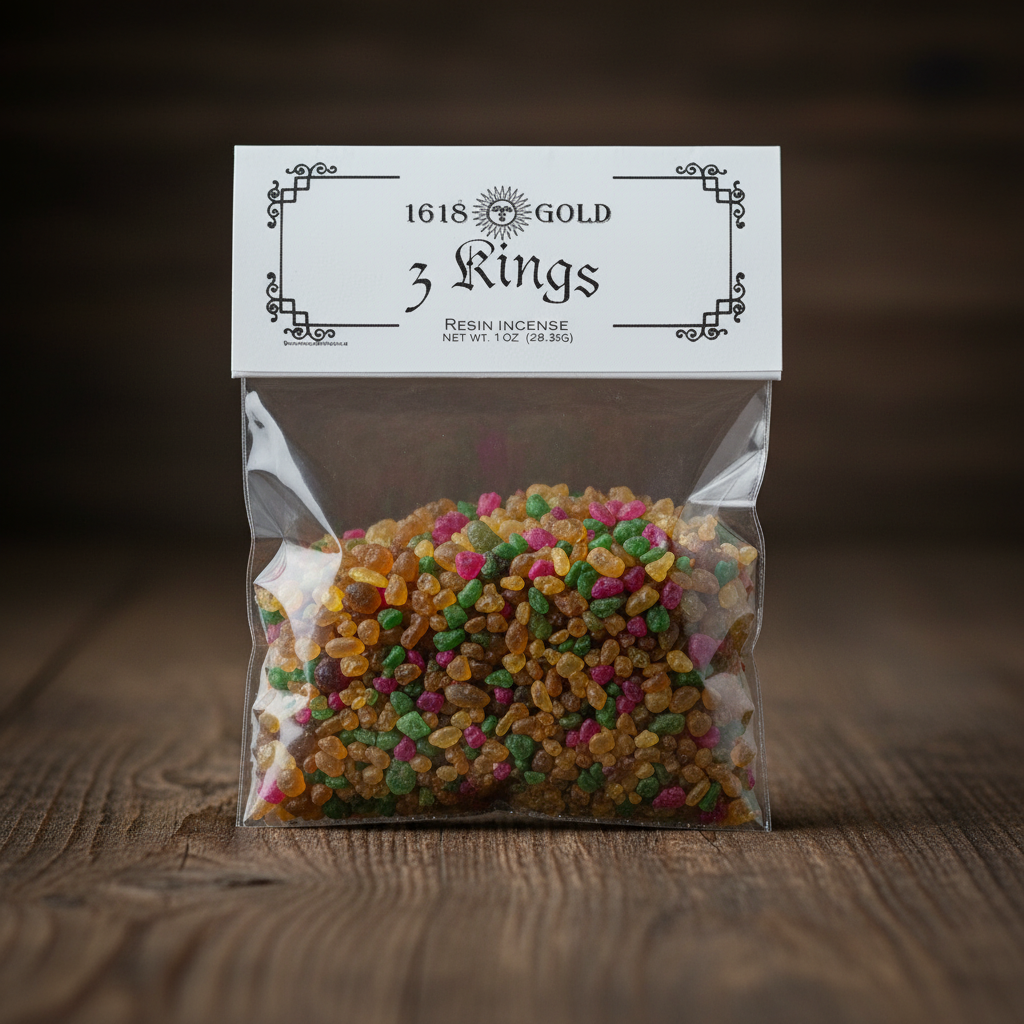 You will be generating high-quality product photos for an online stores product page. The product images should closely match the original products.
      Here is the prompt (IMPORTANT!): """A close-up, highly detailed shot of the 3 Kings Resin Incense pla