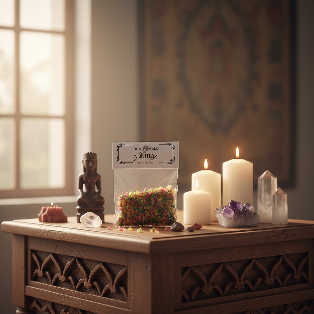 You will be generating high-quality product photos for an online stores product page. The product images should closely match the original products.
      Here is the prompt (IMPORTANT!): """A serene, atmospheric scene featuring the 3 Kings Resin Incense s