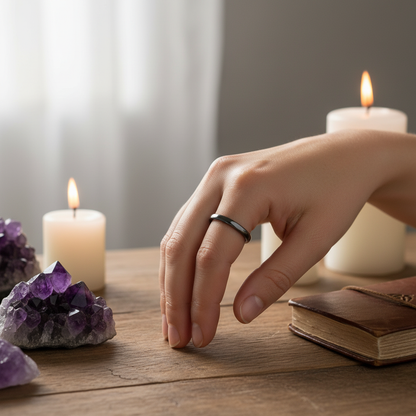 You will be generating high-quality product photos for an online stores product page. The product images should closely match the original products.
      Here is the prompt (IMPORTANT!): """An elegant, high-resolution image of a single Hematite ring worn 