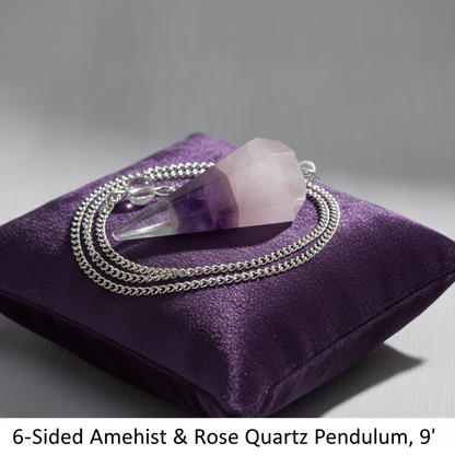 You will be generating high-quality product photos for an online stores product page. The product images should closely match the original products.
      Here is the prompt (IMPORTANT!): """A professional studio shot of the 6-sided Amethyst & Rose Quartz 