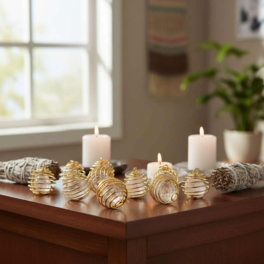 You will be generating high-quality product photos for an online stores product page. The product images should closely match the original products.
      Here is the prompt (IMPORTANT!): """A serene, meditative scene featuring the crystal cages arranged o