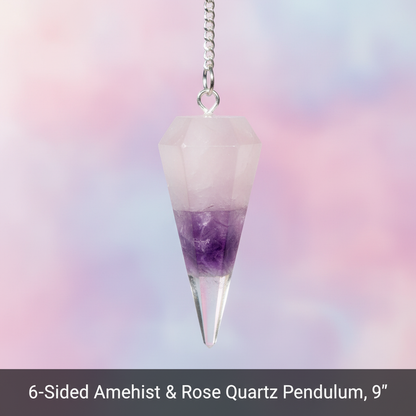 You will be generating high-quality product photos for an online stores product page. The product images should closely match the original products.
      Here is the prompt (IMPORTANT!): """A close-up shot of the 6-sided Amethyst & Rose Quartz pendulum ha