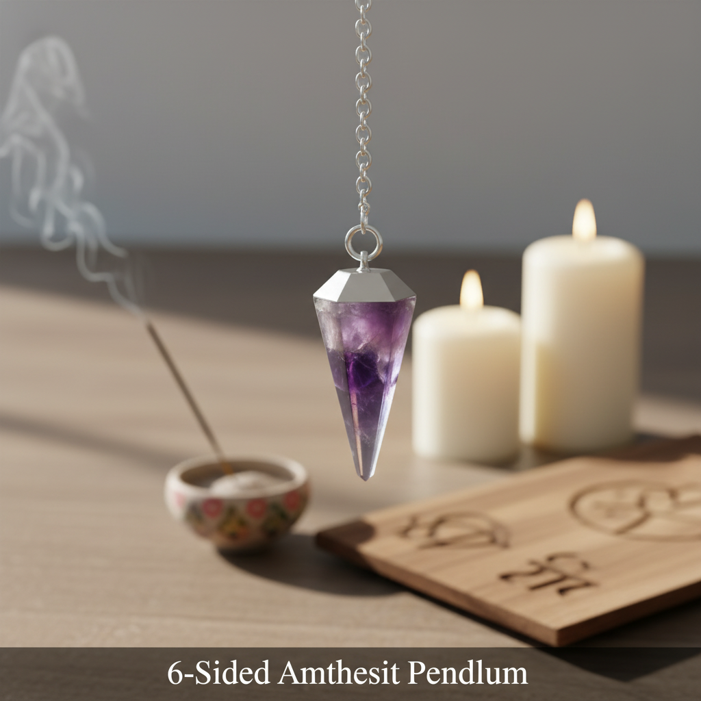 You will be generating high-quality product photos for an online stores product page. The product images should closely match the original products.
      Here is the prompt (IMPORTANT!): """A close-up of a 6-Sided Amethyst Pendulum hanging gently from a d