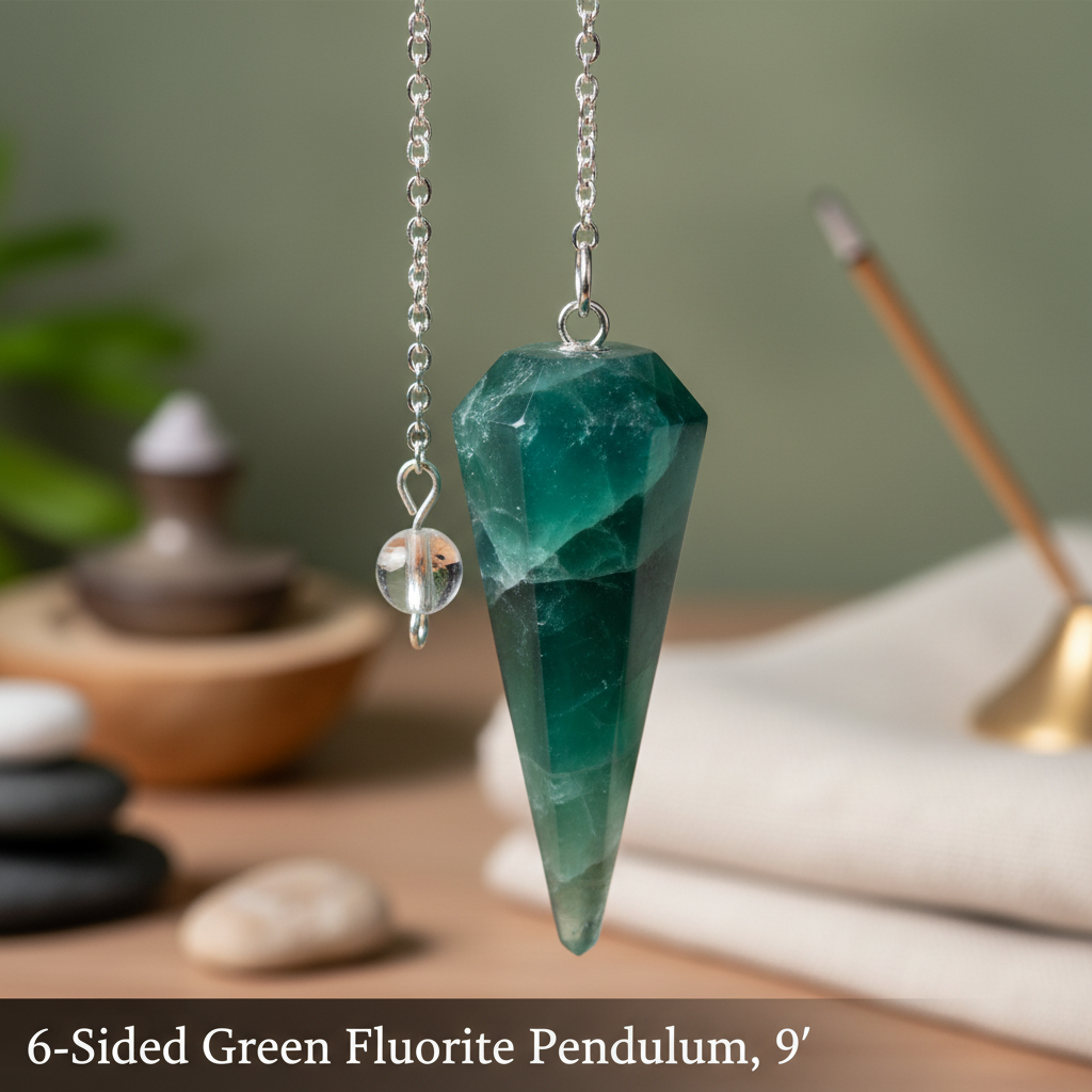 You will be generating high-quality product photos for an online stores product page. The product images should closely match the original products.
      Here is the prompt (IMPORTANT!): """A high-resolution studio shot of the 6-Sided Green Fluorite Pendu