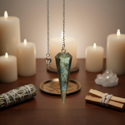 You will be generating high-quality product photos for an online stores product page. The product images should closely match the original products.
      Here is the prompt (IMPORTANT!): """A serene image of the Labradorite pendulum suspended in mid-air w
