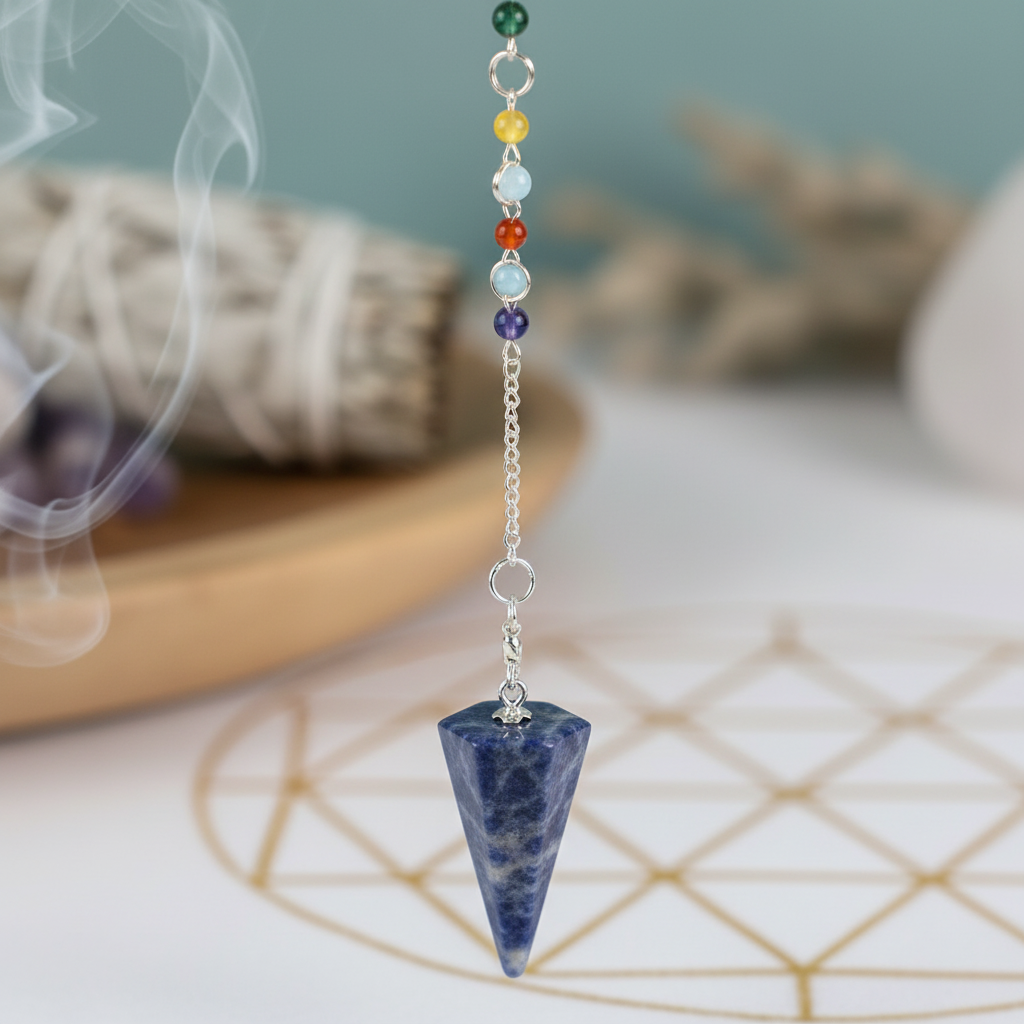 You will be generating high-quality product photos for an online stores product page. The product images should closely match the original products.
      Here is the prompt (IMPORTANT!): """A close-up shot of the 6-Sided Sodalite Chakra Pendulum hanging g
