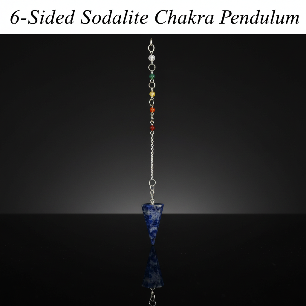 You will be generating high-quality product photos for an online stores product page. The product images should closely match the original products.
      Here is the prompt (IMPORTANT!): """A studio shot of the 6-Sided Sodalite Chakra Pendulum displayed o