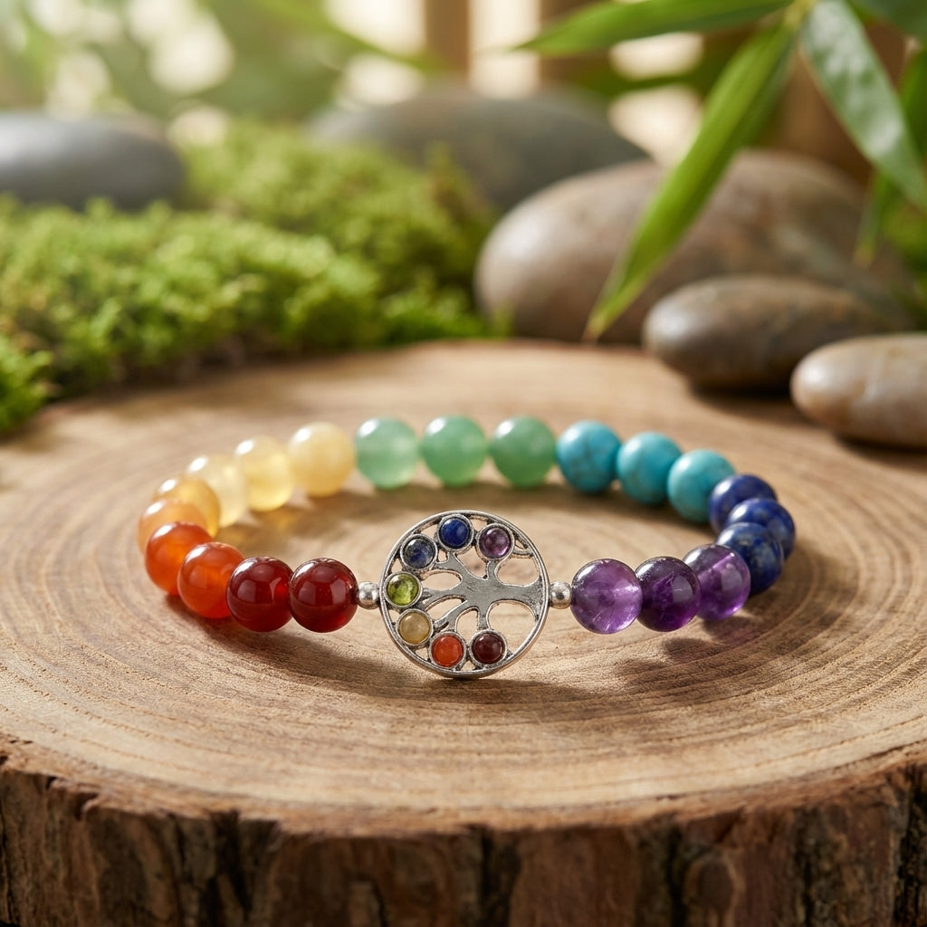 You will be generating high-quality product photos for an online stores product page. The product images should closely match the original products.
      Here is the prompt (IMPORTANT!): """A close-up, photorealistic shot of the 7 Chakra Tree of Life Brac