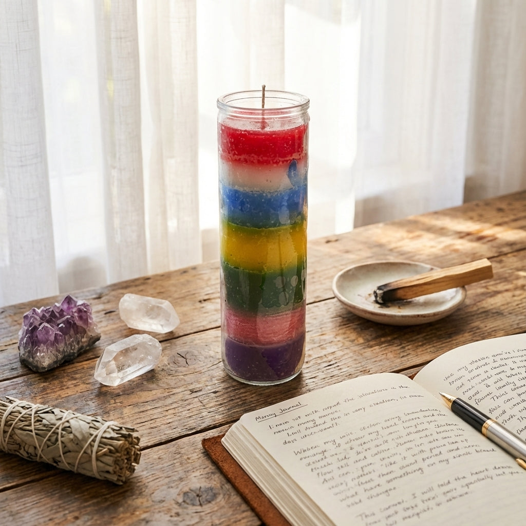 You will be generating high-quality product photos for an online stores product page. The product images should closely match the original products.
      Here is the prompt (IMPORTANT!): """An elegant lifestyle scene displaying the '7 Color 7-Day Jar Cand